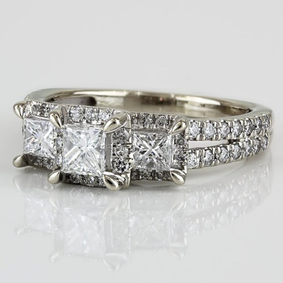 14K White Gold 3-Stone Princess Diamond Ring Round Accent Anniversary Cocktail - Picture 2 of 7